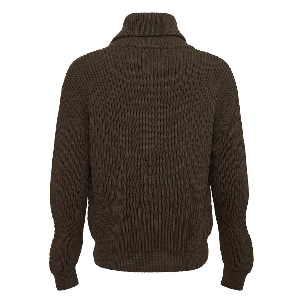 Dries Van Noten dark brown chunky ribbed half-button sweater with shawl collar, contrast buttons, and diagonal sleeve detailing, displayed flat on white background - view 2