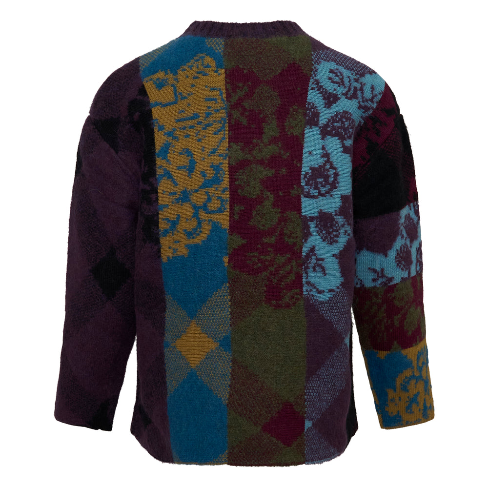 Dries Van Noten oversized patchwork mixed-print crew neck sweater with intarsia floral, harlequin diamond, and abstract panels in burgundy, teal, mustard, olive, and deep plum - view 2