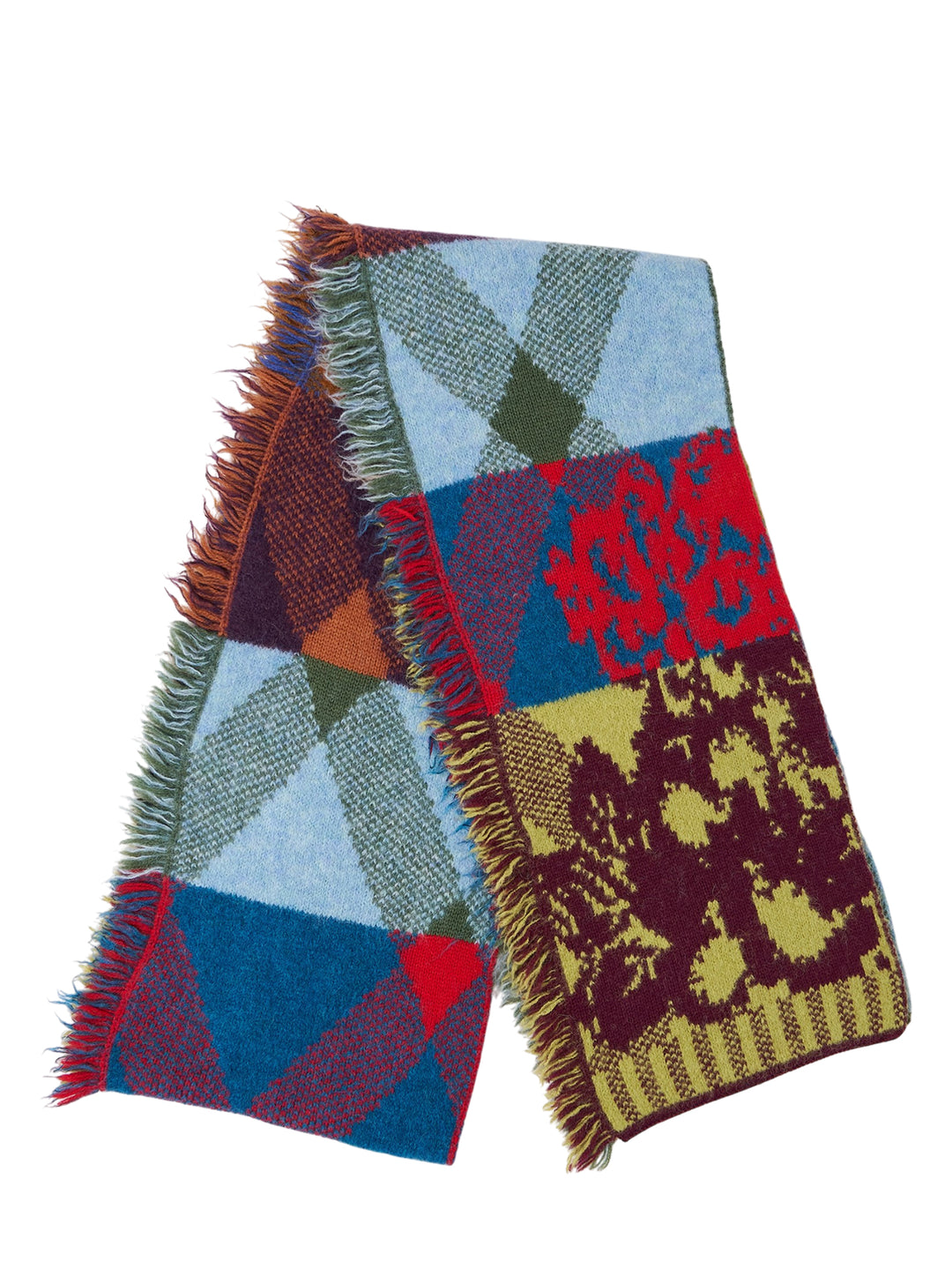 Dries Van Noten long knit scarf with patchwork argyle and floral jacquard panels in blue, red, burgundy, olive and rust, with fringed edges