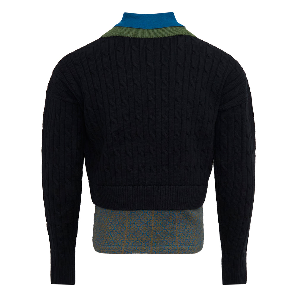 Dries Van Noten layered V-neck cable knit sweater in navy with teal polo collar, green ribbed trim, Fair Isle detailing, and jacquard floral hem band - view 2