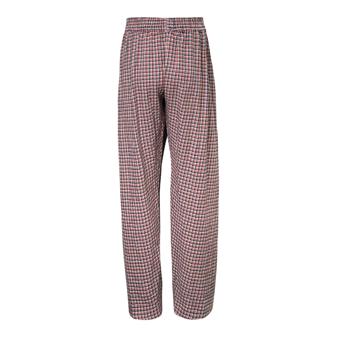 Dries Van Noten loose fit draped front pyjama pants in red, navy and white check plaid with elasticated drawstring waist and wide-leg silhouette - view 2