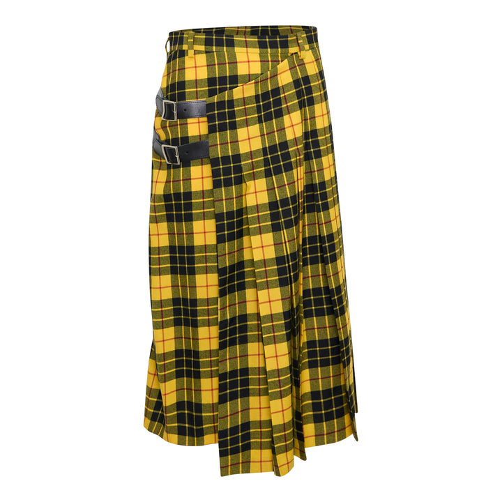 Undercover Checked Wrap Skirt in yellow MacLeod tartan with deep knife pleats and double leather buckle closure, midi length, on a white background