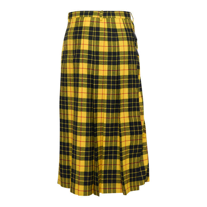 Undercover Checked Wrap Skirt in yellow MacLeod tartan with deep knife pleats and double leather buckle closure, midi length, on a white background