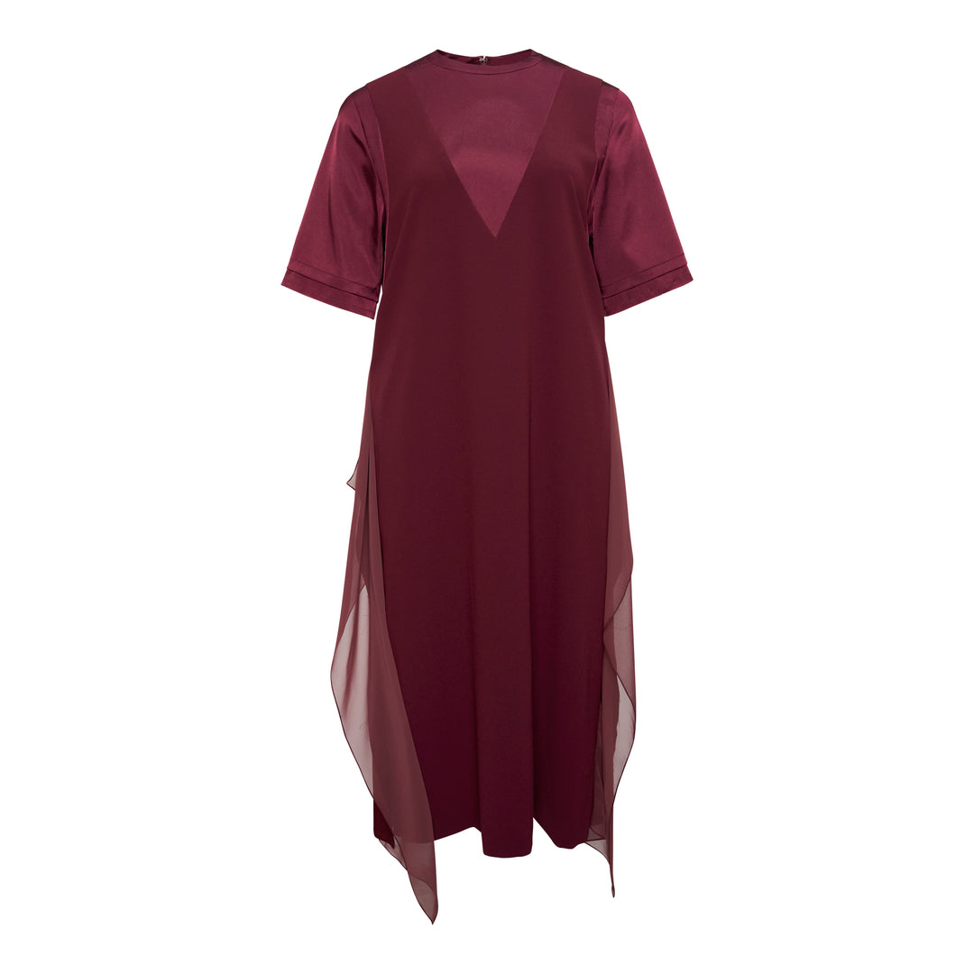 Undercover Layered Effect Midi Dress in deep burgundy, featuring a V-shaped satin chest panel, short sleeves, and sheer chiffon overlay panels falling to an asymmetric handkerchief hem