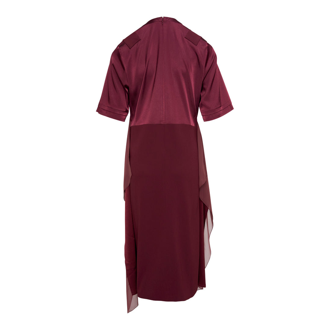 Undercover Layered Effect Midi Dress in deep burgundy, featuring a V-shaped satin chest panel, short sleeves, and sheer chiffon overlay panels falling to an asymmetric handkerchief hem