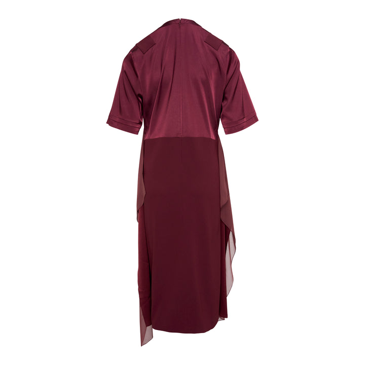 Undercover Layered Effect Midi Dress in deep burgundy, featuring a V-shaped satin chest panel, short sleeves, and sheer chiffon overlay panels falling to an asymmetric handkerchief hem