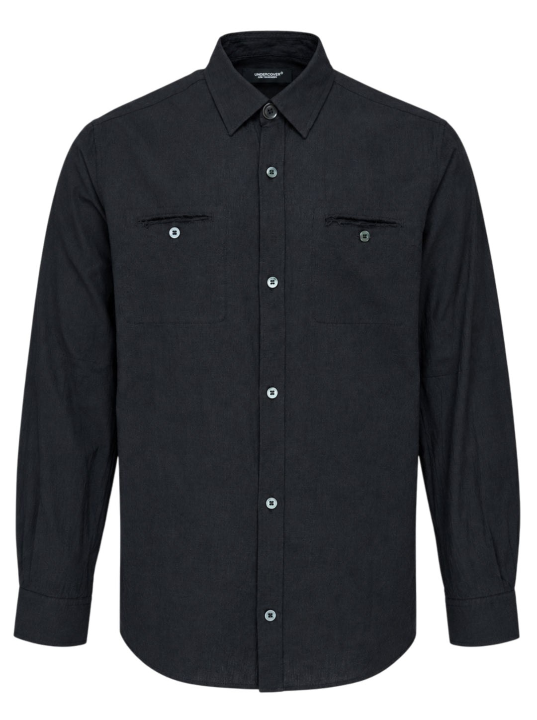 Undercover Two Pocket Long Sleeve Shirt in black with point collar, front button placket and two chest pockets with frayed openings