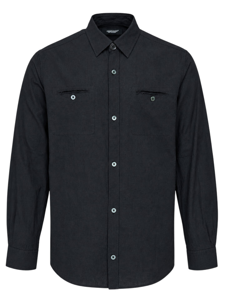 Undercover Two Pocket Long Sleeve Shirt in black with point collar, front button placket and two chest pockets with frayed openings