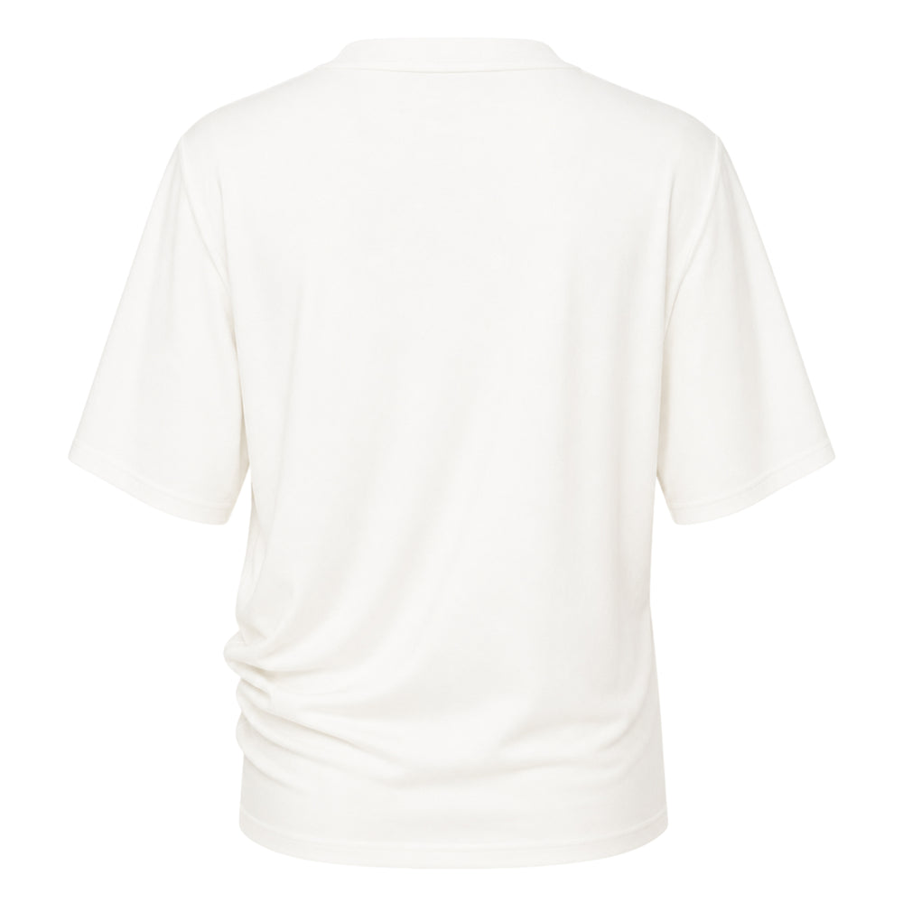 Club21 Collection Willa High Stretch Spandex Jersey Mock Neck Top in taupe, featuring short sleeves, a ribbed mock neck, and ruched hem detailing