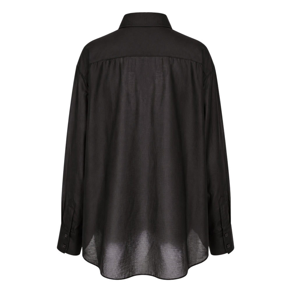 Club21 Collection Soline black semi-sheer silk cotton blouse with pleated bib front, point collar, and long sleeves with buttoned cuffs, displayed flat on white background