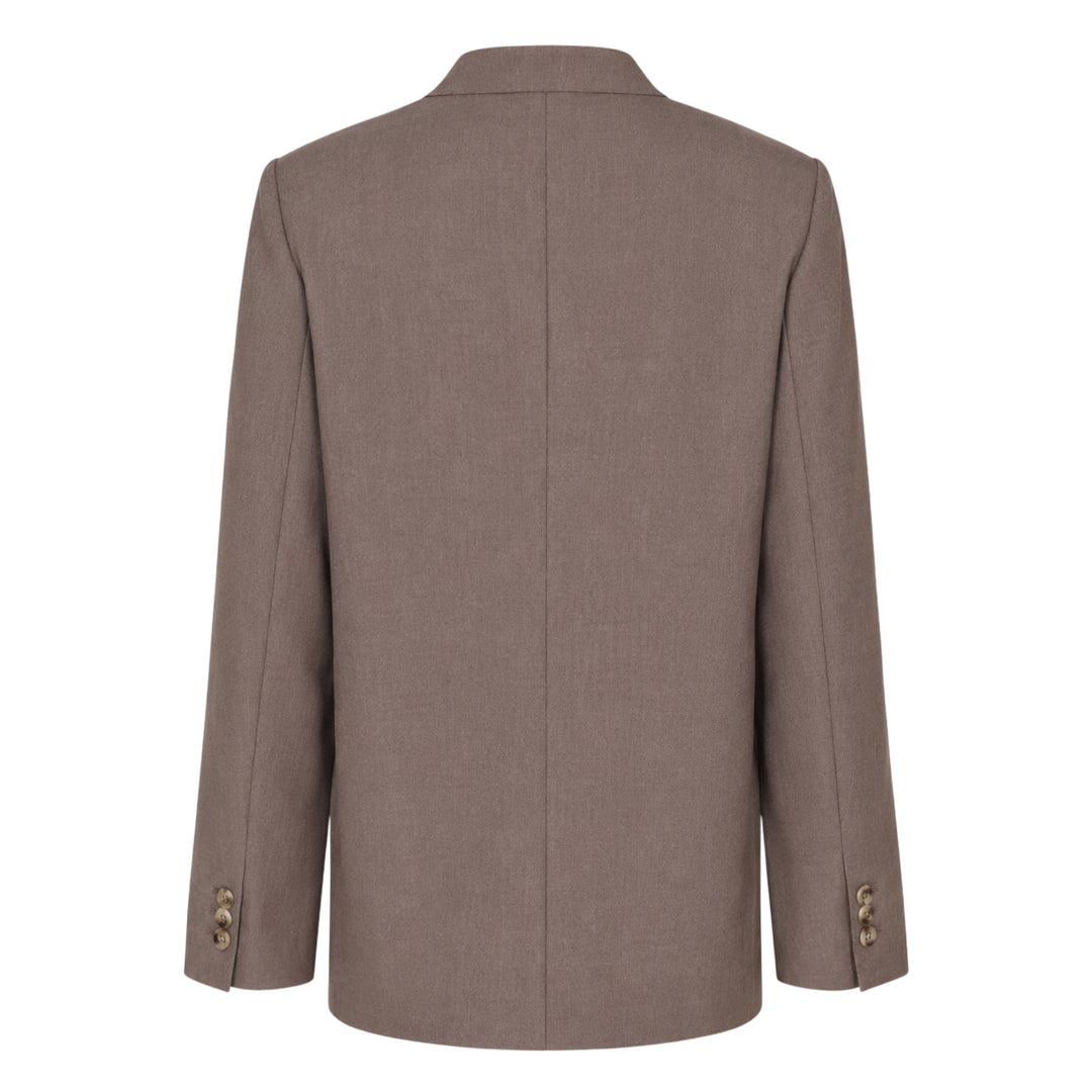 Club21 Collection Tess Sartorial Wool Mix Jacket in taupe, featuring a collarless V-neckline, single-button closure, welt chest pocket, and dark satin lining
