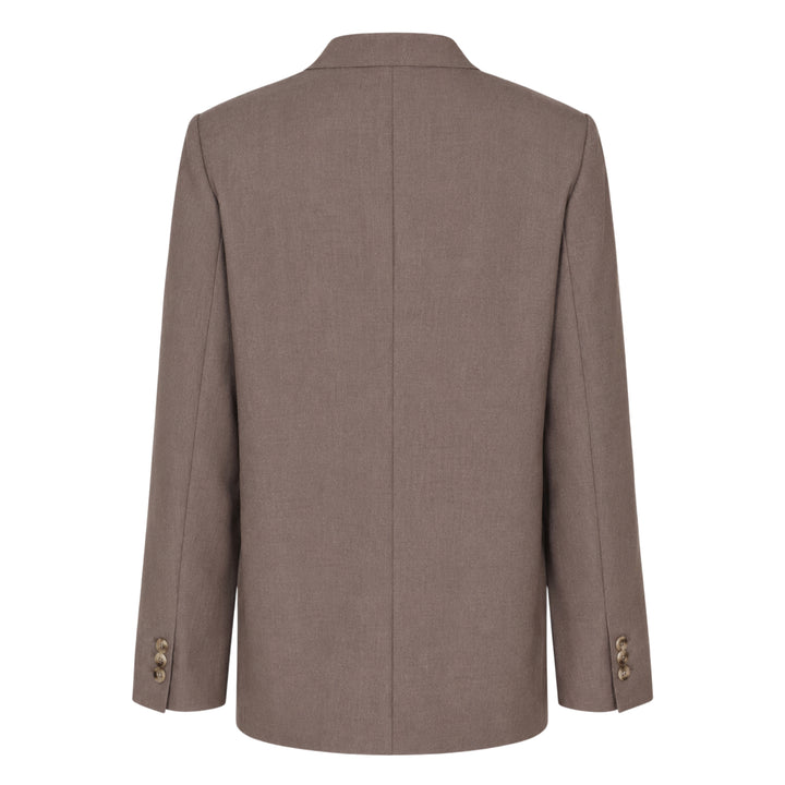 Club21 Collection Tess Sartorial Wool Mix Jacket in taupe, featuring a collarless V-neckline, single-button closure, welt chest pocket, and dark satin lining