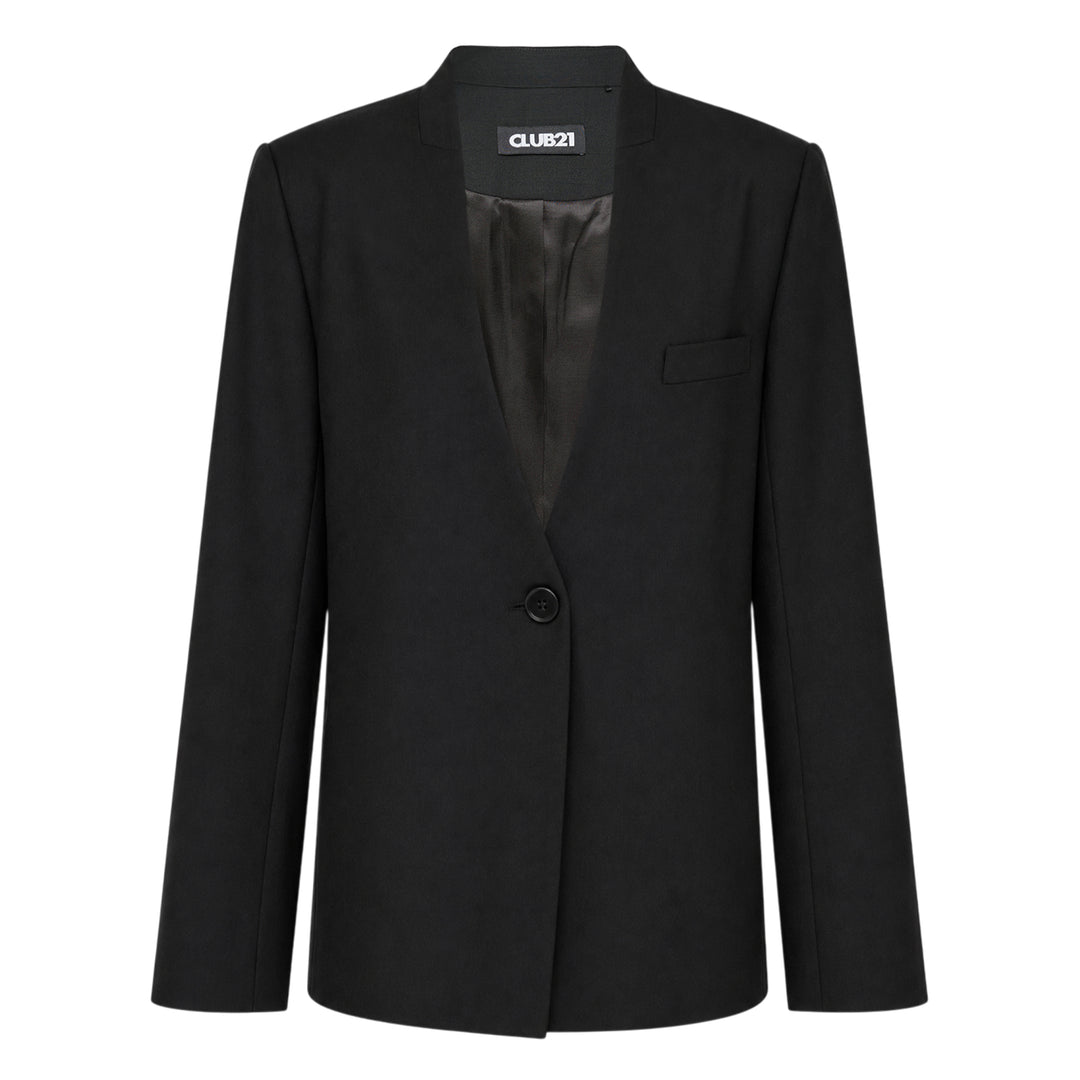 Club21 Collection Tess Sartorial Wool Mix Jacket in taupe, featuring a collarless V-neckline, single-button closure, welt chest pocket, and dark satin lining