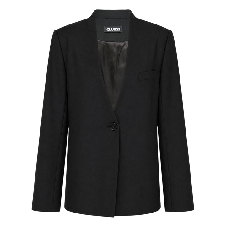 Club21 Collection Tess Sartorial Wool Mix Jacket in taupe, featuring a collarless V-neckline, single-button closure, welt chest pocket, and dark satin lining