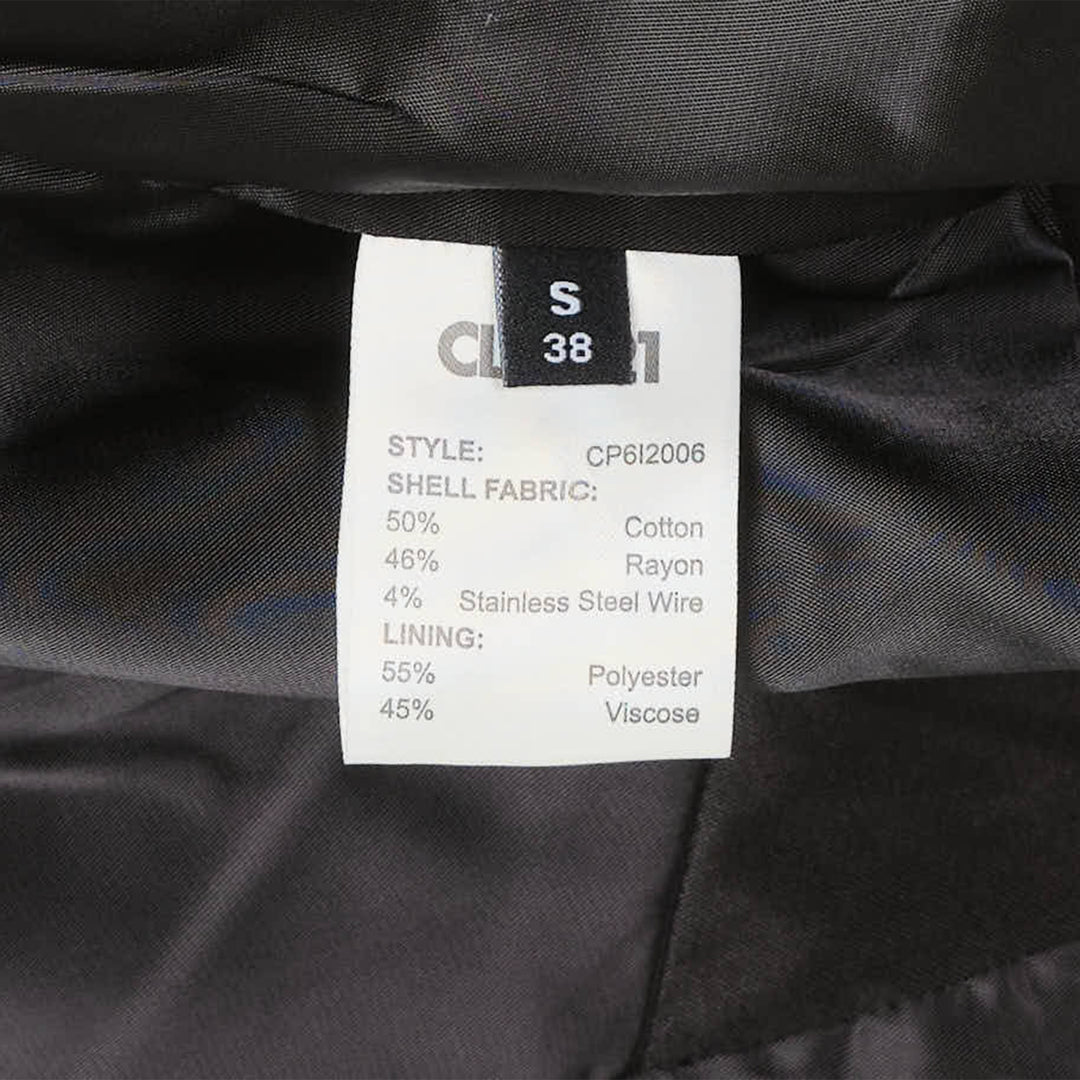 Back view of Club21 Collection Steel Wire Cotton Rayon Coat in black, showing satin-like fabric, spread collar, elasticated ribbed hem, and long sleeves with buttoned cuffs