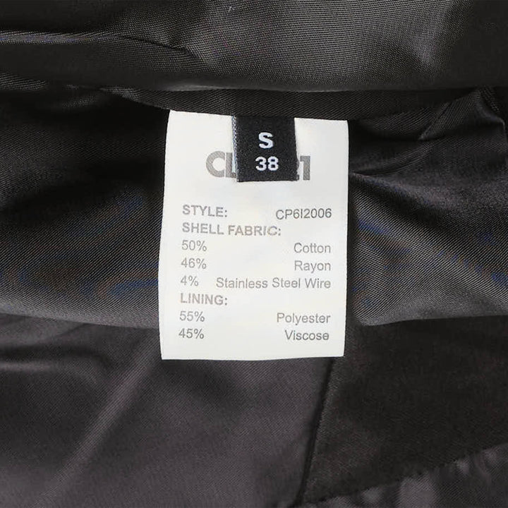 Back view of Club21 Collection Steel Wire Cotton Rayon Coat in black, showing satin-like fabric, spread collar, elasticated ribbed hem, and long sleeves with buttoned cuffs