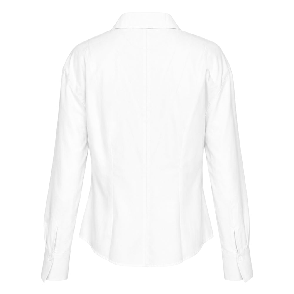 Club21 Collection Juliette Silk Cotton Woven Top in dark brown, featuring a deep draped cowl neckline, classic collar, long sleeves with structured cuffs, and a curved hem, photographed from the front on a white background.