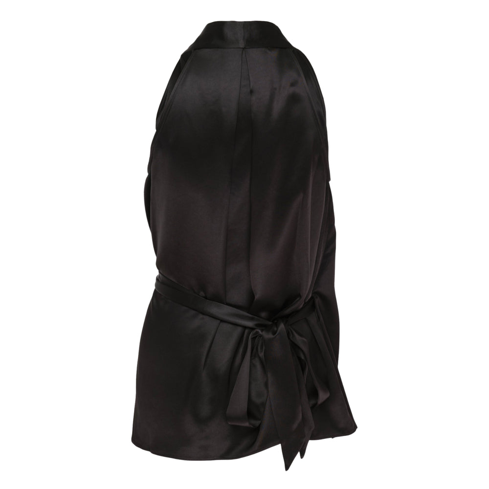 Club21 Collection Clemence black matte acetate satin sleeveless wrap top with deep V-neckline and asymmetric draped handkerchief hem, shown on a white background
