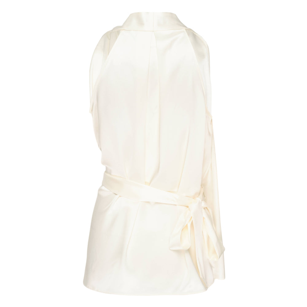 Club21 Collection Clemence black matte acetate satin sleeveless wrap top with deep V-neckline and asymmetric draped handkerchief hem, shown on a white background