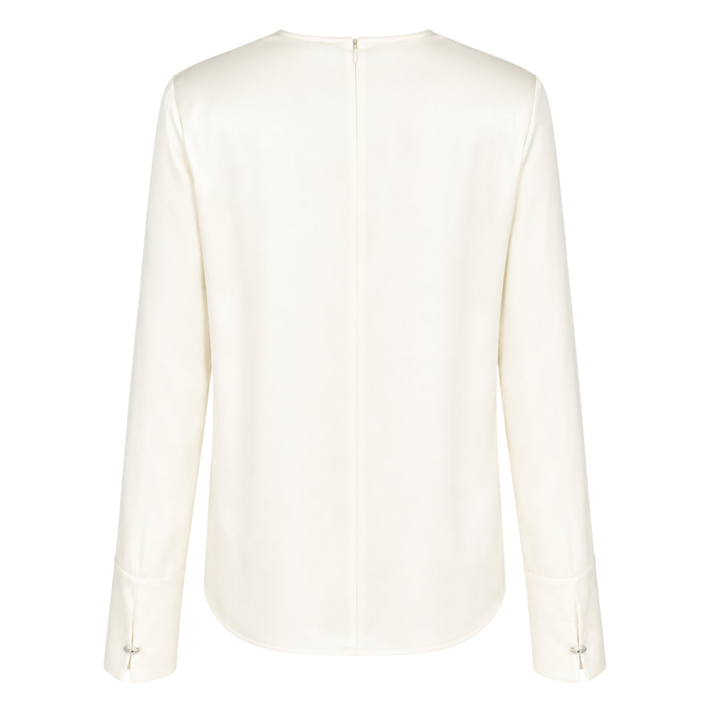 Club21 Collection Colette matte satin blouse in black, featuring long sleeves with wide flared cuffs and a crew neckline, front view on white background