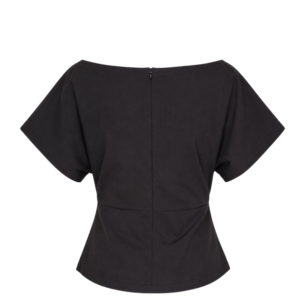 Club21 Collection Tate light stretch rayon linen top in beige, featuring a wide boatneck, batwing short sleeves, and a ruched gathered waistband