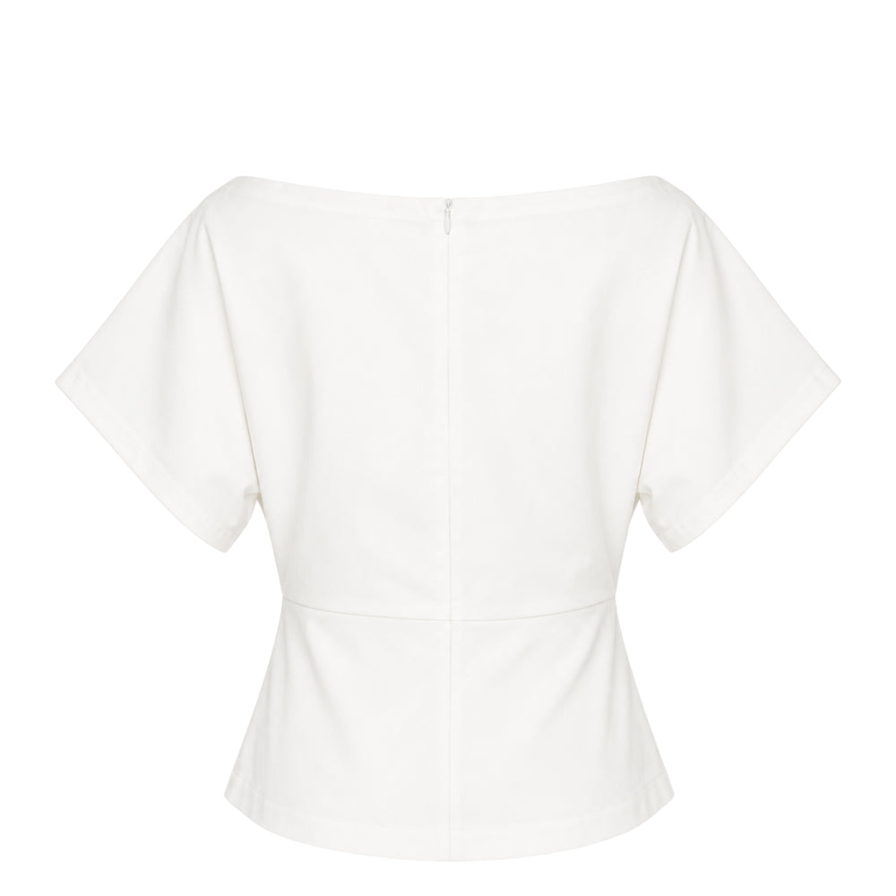 Club21 Collection Tate light stretch rayon linen top in beige, featuring a wide boatneck, batwing short sleeves, and a ruched gathered waistband