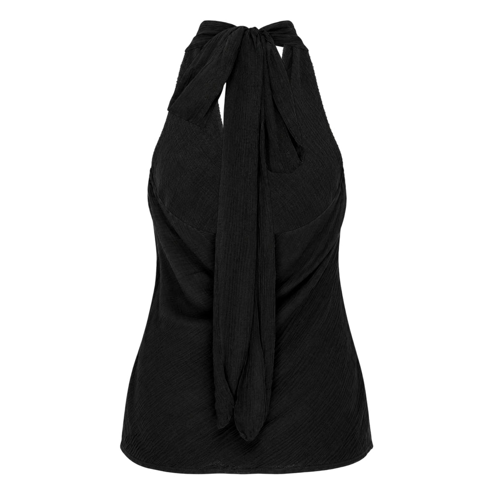 Club21 Collection Winkle Silk Mix Halter Top in black, featuring a self-tie knot neckline, deep V-front, and crinkle-textured A-line silhouette