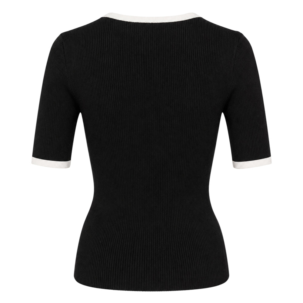 Club21 Collection Genevive black ribbed silk cotton short sleeve sweater with contrast cream scoop neckline trim and matching cuff detail, front view