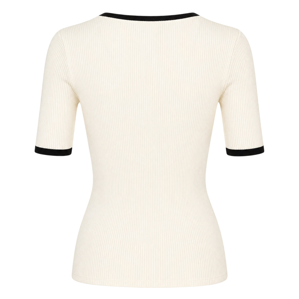 Club21 Collection Genevive black ribbed silk cotton short sleeve sweater with contrast cream scoop neckline trim and matching cuff detail, front view