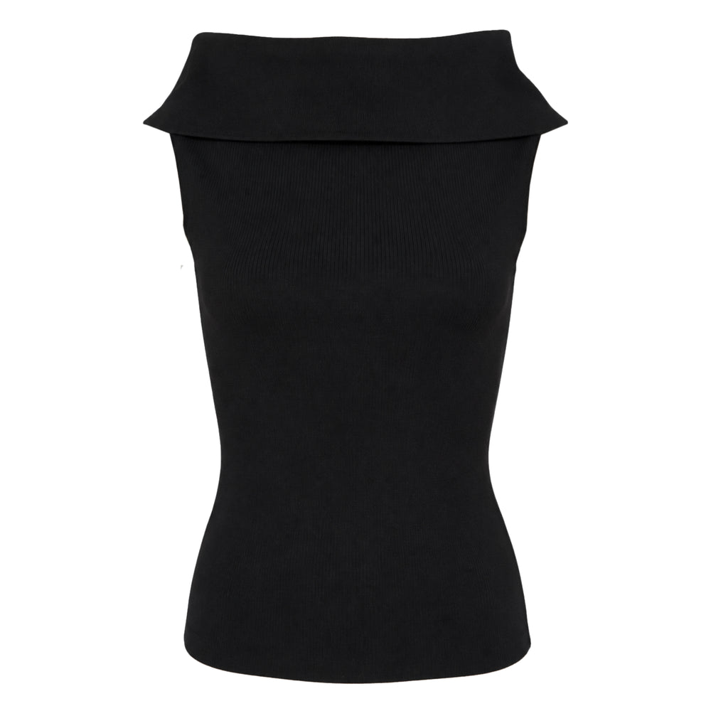Club21 Collection Anya sleeveless off-shoulder knit sweater in black, featuring a wide fold-over collar and fitted silhouette, photographed from the front on a white background