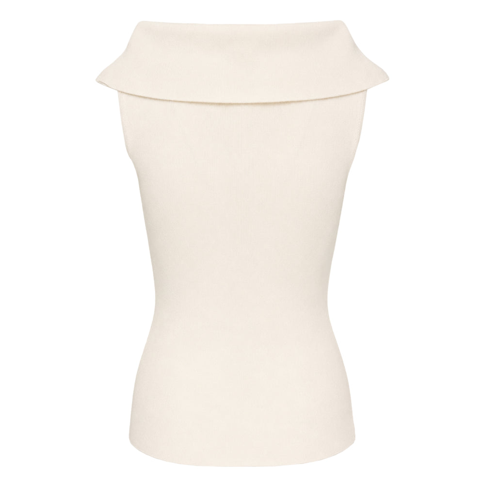 Club21 Collection Anya sleeveless off-shoulder knit sweater in black, featuring a wide fold-over collar and fitted silhouette, photographed from the front on a white background