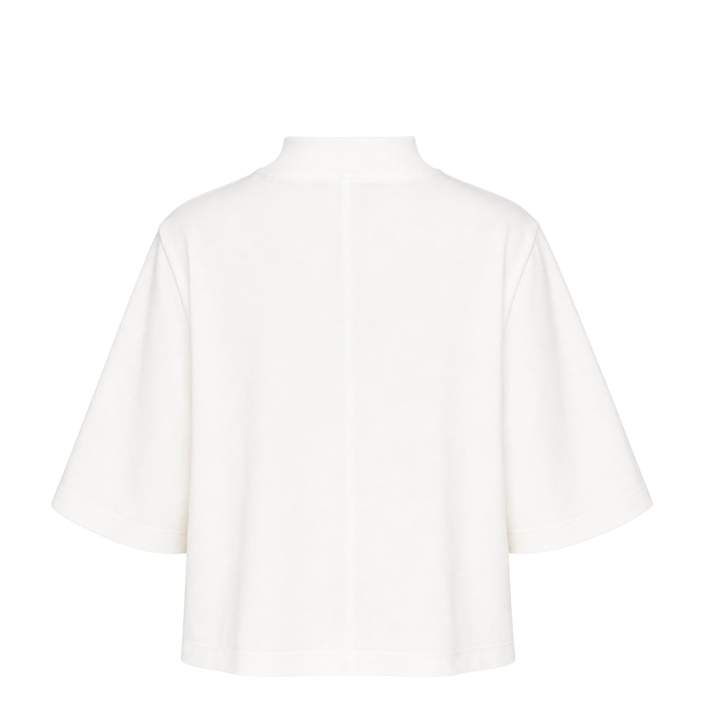 Club21 Collection Irene black cotton spandex jersey mock neck cropped top with short sleeves and boxy silhouette, front view