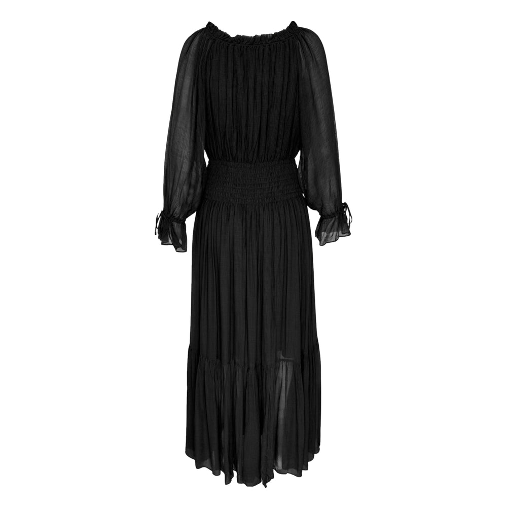 Club21 Collection Bianca Winkle Silk Mix Midi Dress in black, featuring sheer long sleeves with tie cuffs, ruched neckline, smocked waistband, and tiered flowing skirt
