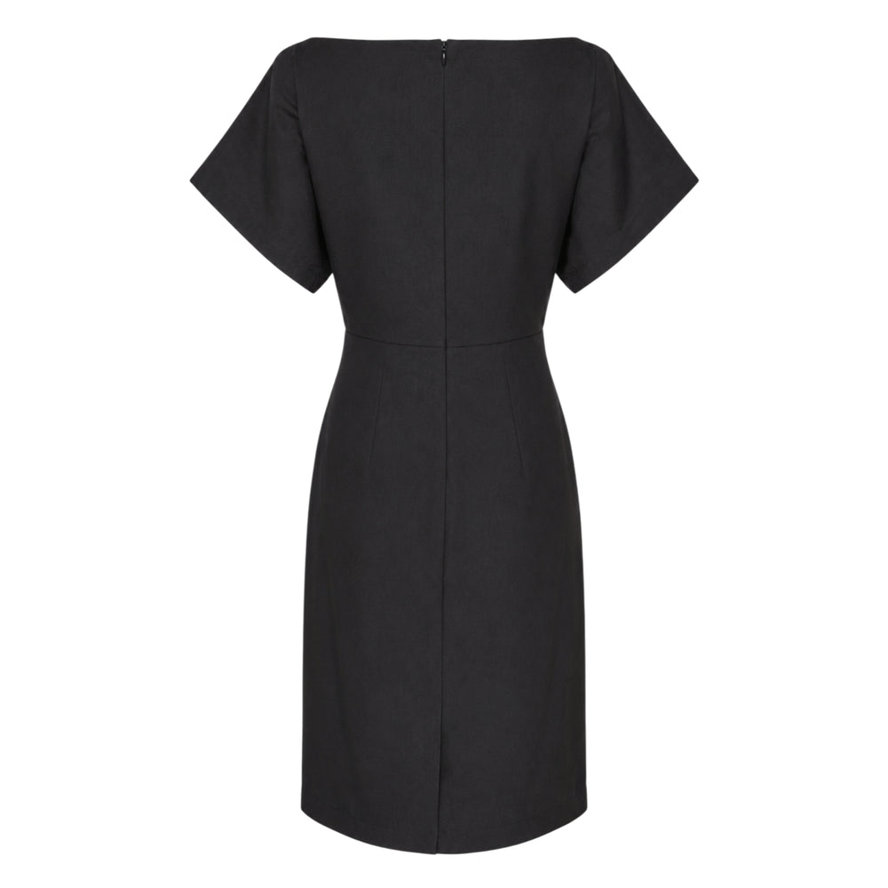 Club21 Collection Thea light stretch woven dress in camel, featuring a boat neckline, dolman short sleeves, and a gathered twist detail at the waist, knee-length hem