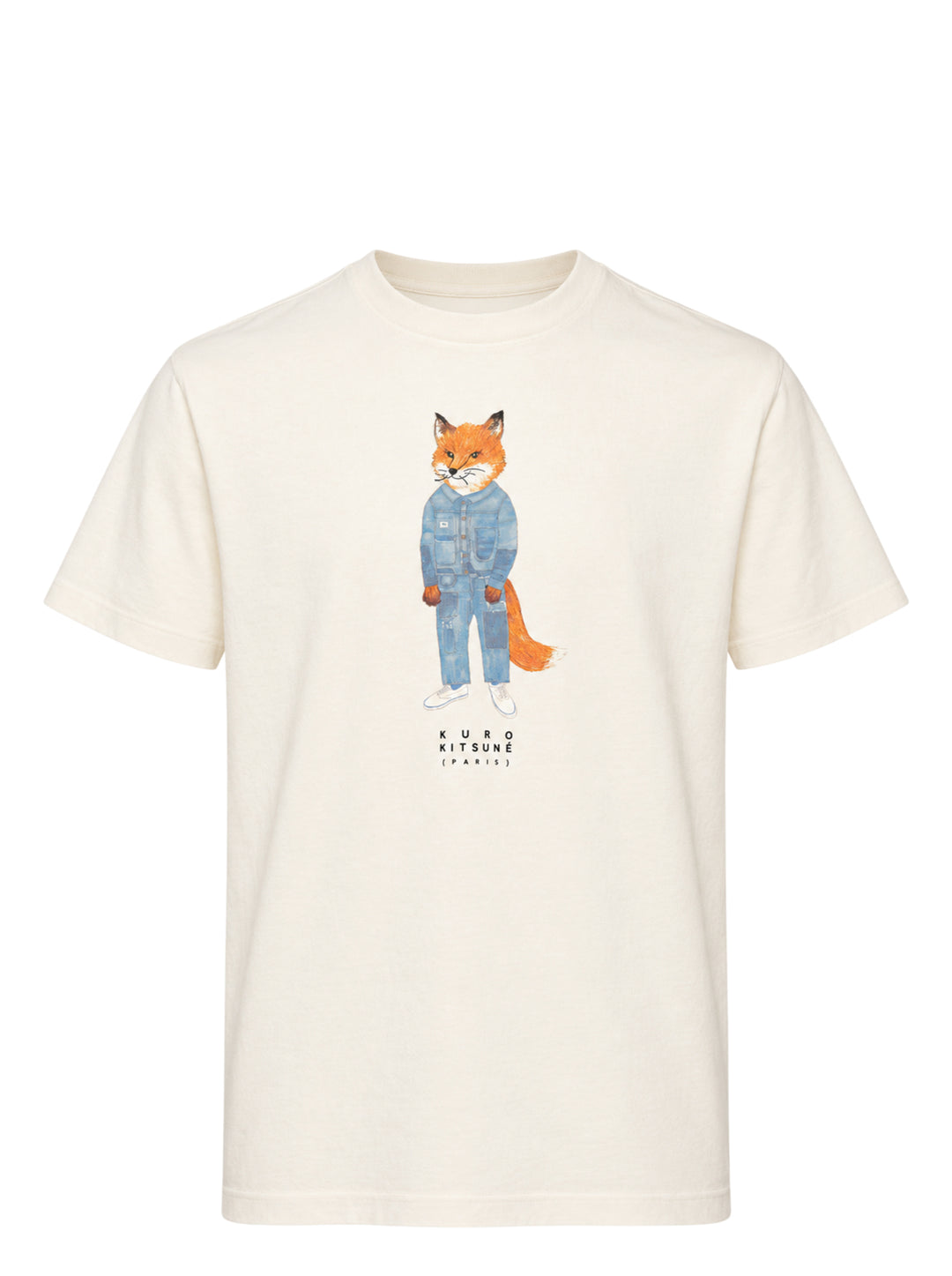 Cream short sleeve Maison Kitsuné x Kuro t-shirt featuring an illustrated fox in blue patchwork denim workwear with Kuro Kitsuné (Paris) text