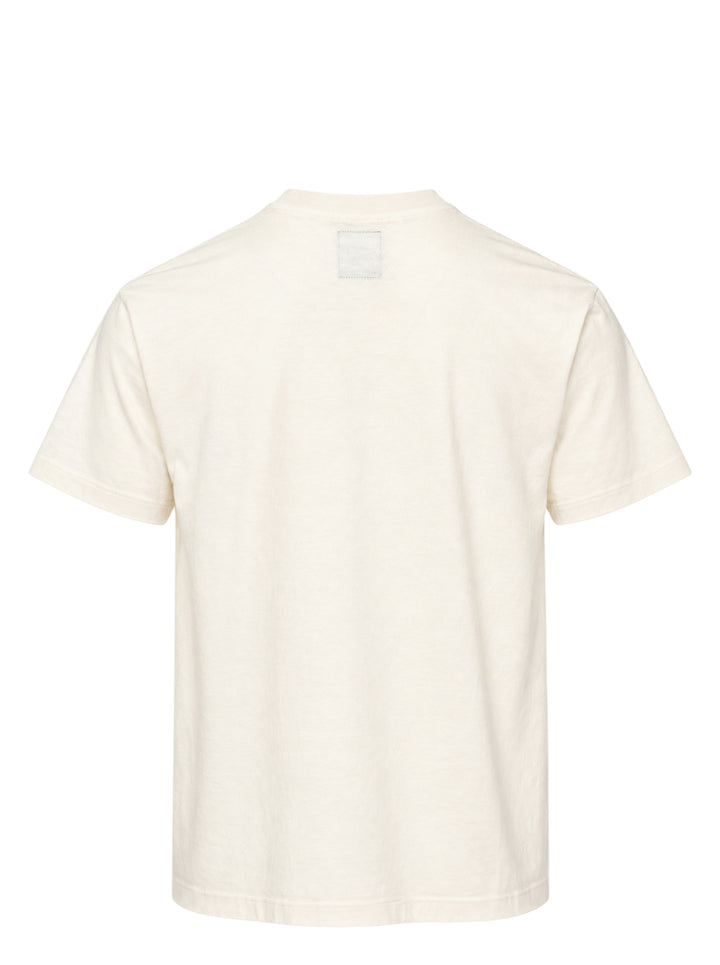 Cream short sleeve Maison Kitsuné x Kuro t-shirt featuring an illustrated fox in blue patchwork denim workwear with Kuro Kitsuné (Paris) text - view 2