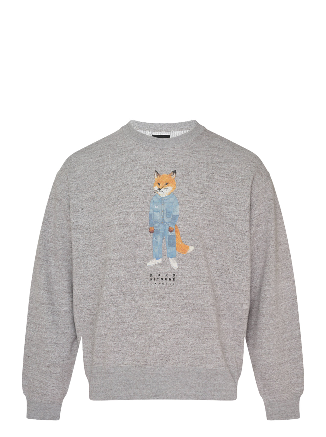 Grey marl crewneck sweatshirt with an illustrated fox in a patchwork denim jacket and jeans and Kuro Kitsuné Paris lettering on the chest
