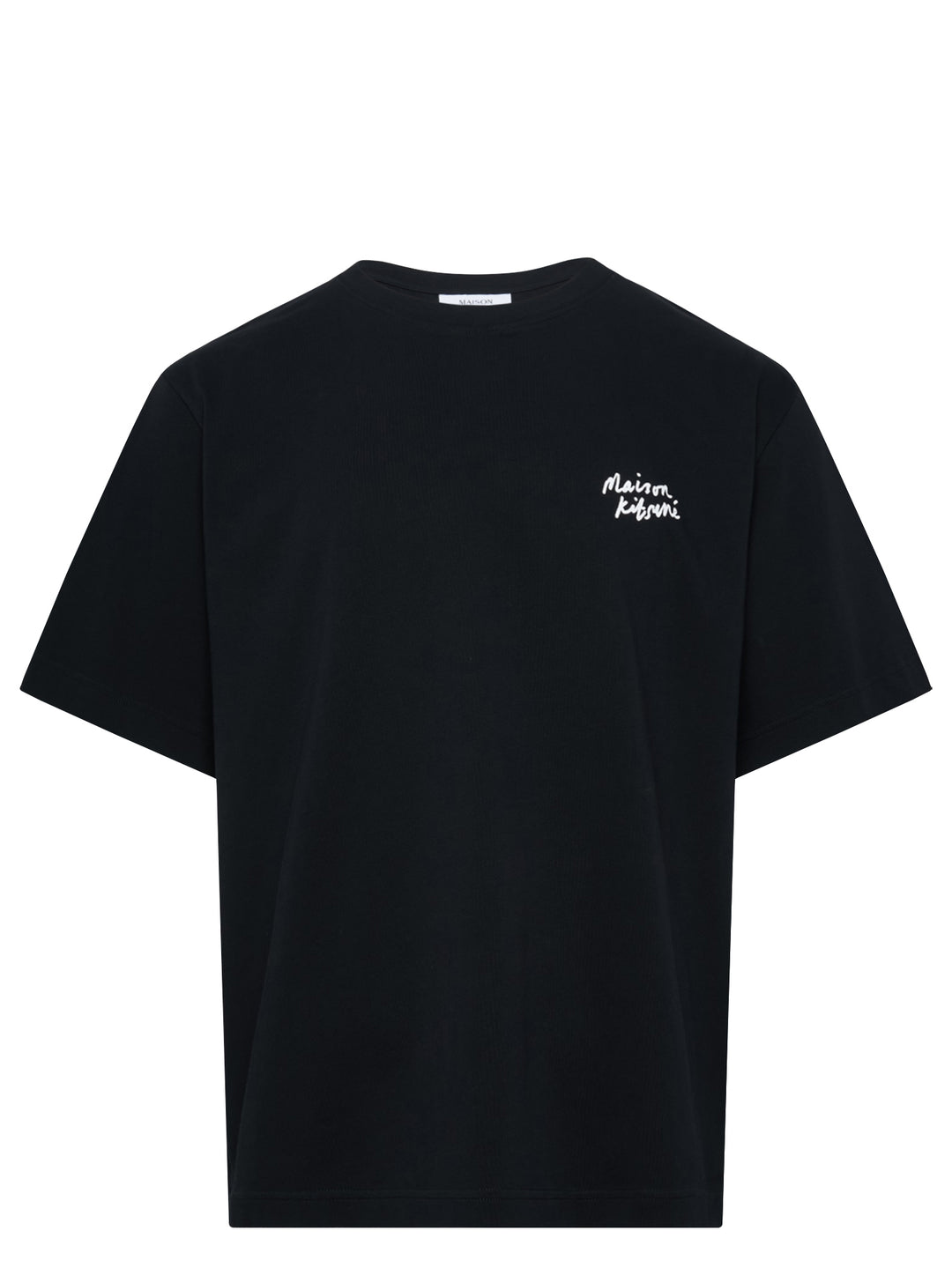 Maison Kitsuné Handwriting Oversized Tee in black with embroidered white script logo on the chest, front view