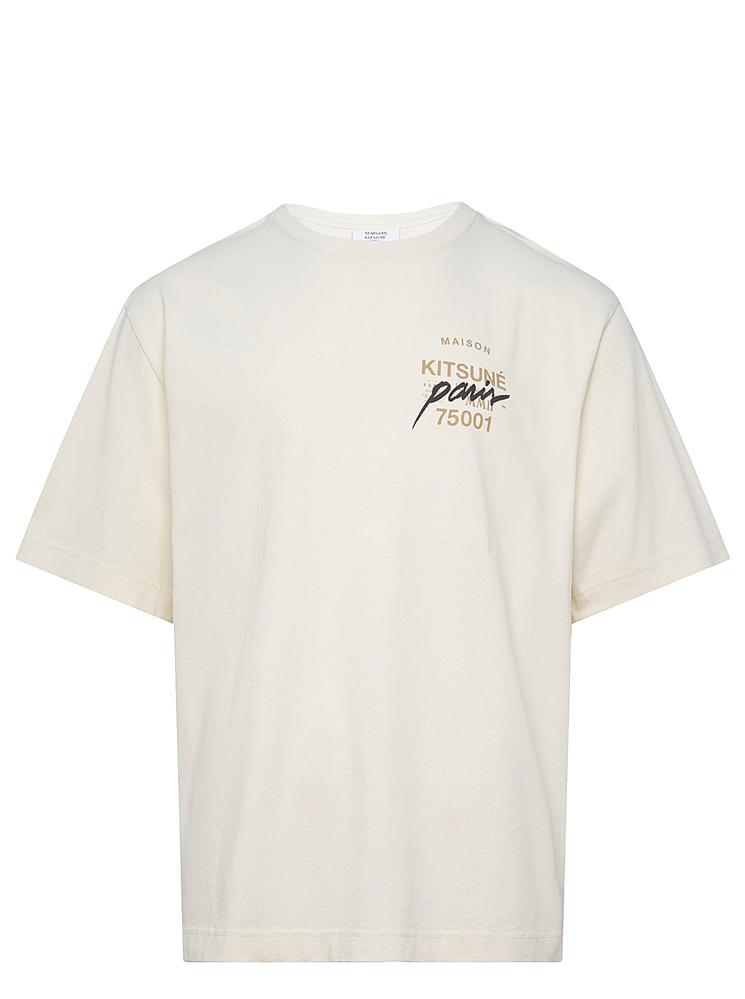 Maison Kitsuné Paris 75001 Oversized Tee in cream with typographic chest graphic featuring Maison Kitsuné and 75001 branding