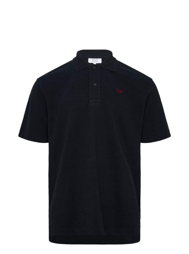 Maison Kitsuné black short sleeve comfort polo shirt with red embroidered running fox logo at the chest and three-button placket