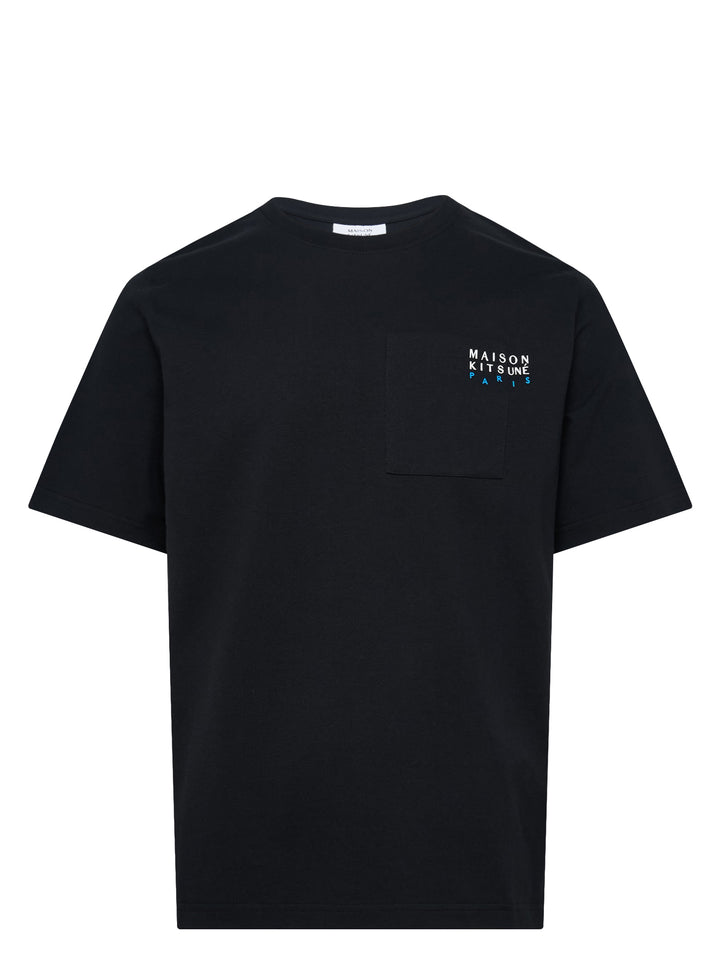 Maison Kitsuné black Patch Pocket Comfort Tee with embroidered 'Maison Kitsuné Paris' wordmark above a chest patch pocket, shown from the front