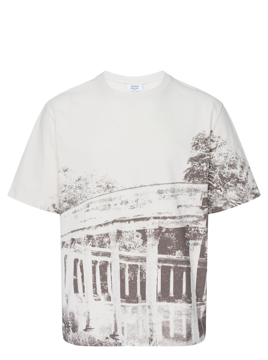 Maison Kitsuné Parc Monceau Oversize Tee in cream with a monochromatic photographic print of a neoclassical colonnade and trees across the front