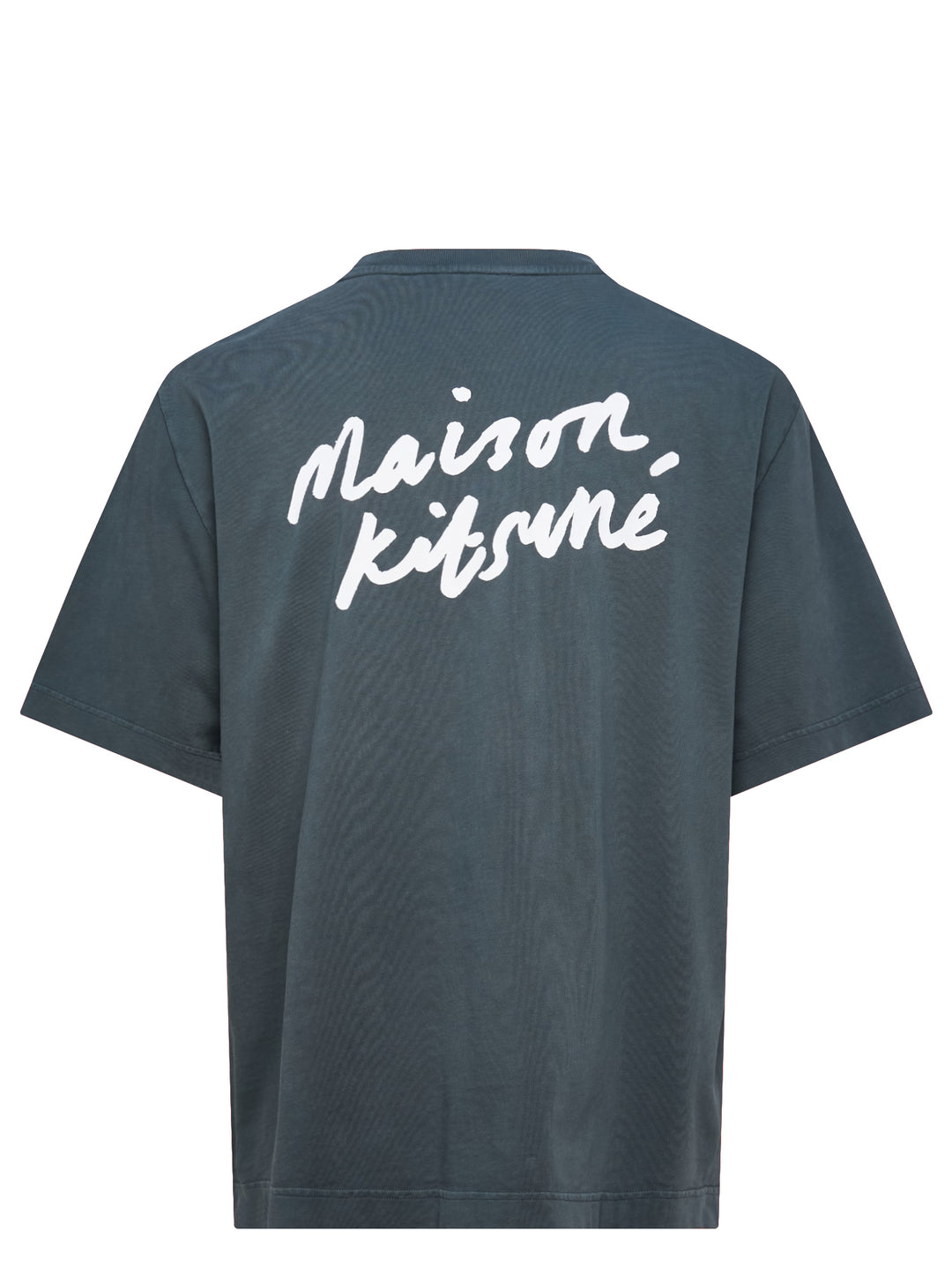 Maison Kitsuné Handwriting Short Sleeve Tee in washed slate blue with embroidered script logo at the chest, shown front-facing on a plain white background - view 2