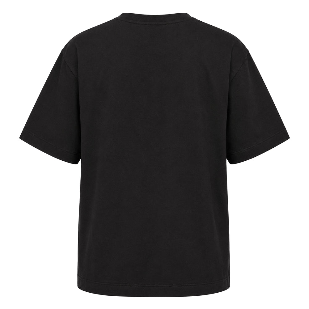 Maison Kitsuné Fortune Fox Comfort Tee in black with blue double fox head graphic and brand wordmark printed on the chest