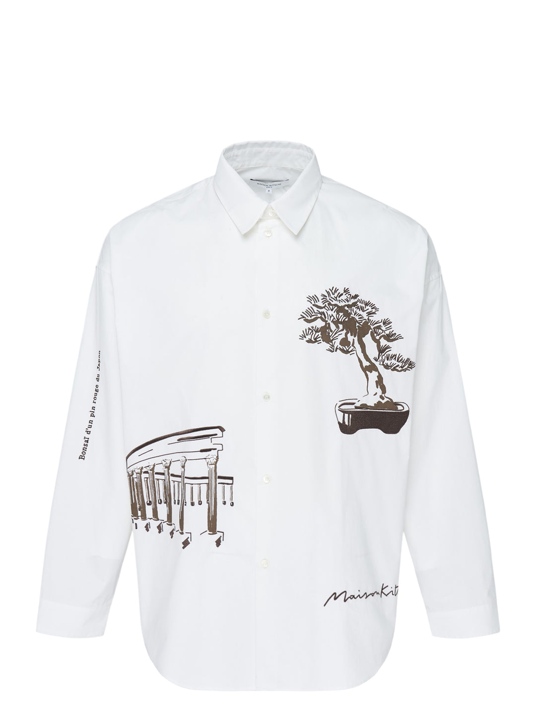 Maison Kitsuné Parcs of Paris Oversize Shirt in white, featuring brown bonsai tree and colonnade graphic prints on the body and a signature script logo at the hem