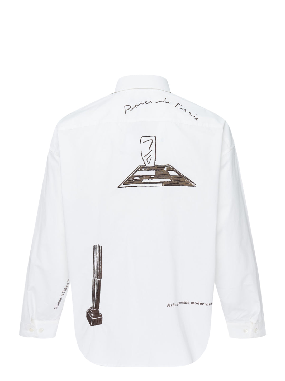 Maison Kitsuné Parcs of Paris Oversize Shirt in white, featuring brown bonsai tree and colonnade graphic prints on the body and a signature script logo at the hem - view 2