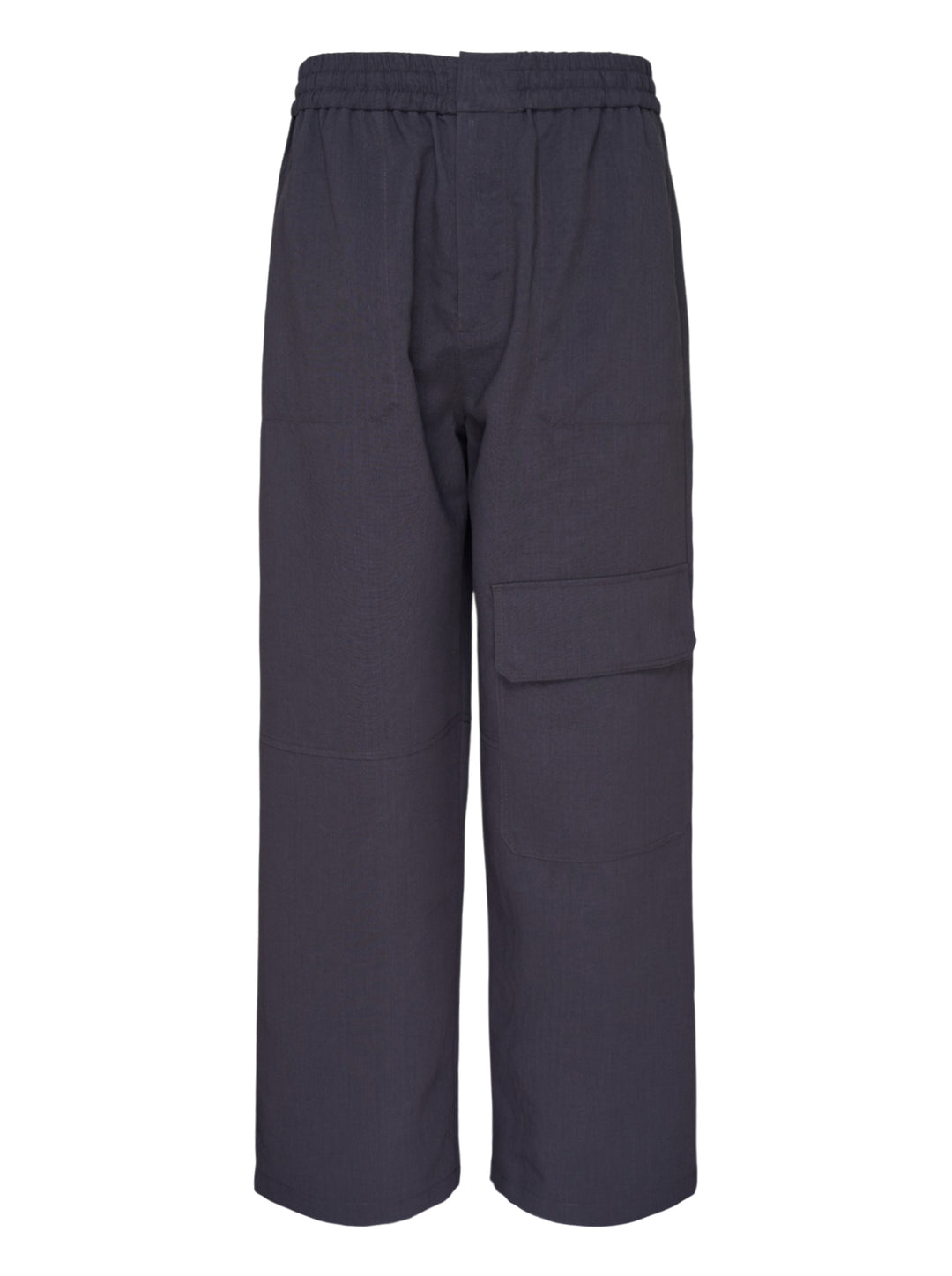 Maison Kitsuné Elasticated Cargo Pants in dark charcoal navy, featuring a wide-leg silhouette, elasticated waistband, articulated knee panelling, and a flap cargo pocket on the leg