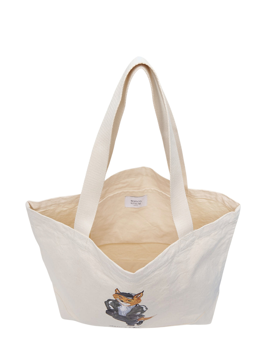 Maison Kitsuné Weekend Fox natural canvas tote bag with illustrated fox wearing a cap, utility jacket and jeans above the handwritten Paris logo - view 3