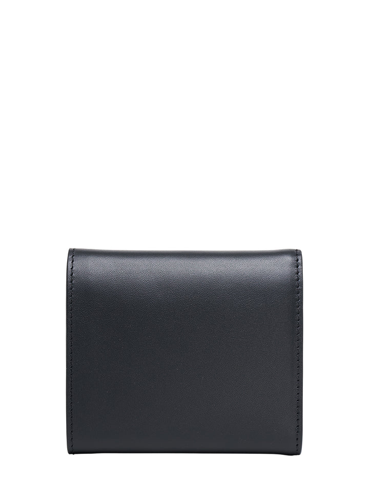 Black leather Maison Kitsuné trifold wallet with a blue fox-face graphic and Maison Kitsuné Paris logo on the front - view 2