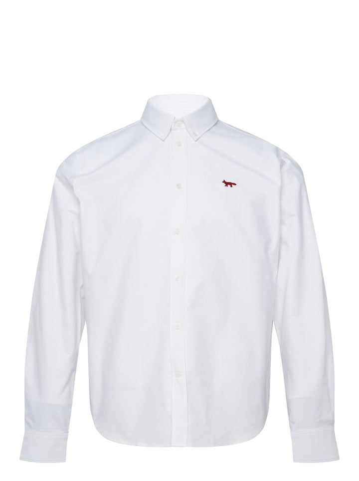 Maison Kitsuné Profile Fox Casual Long Sleeve Shirt in white with burgundy fox embroidery at the chest and button-down collar